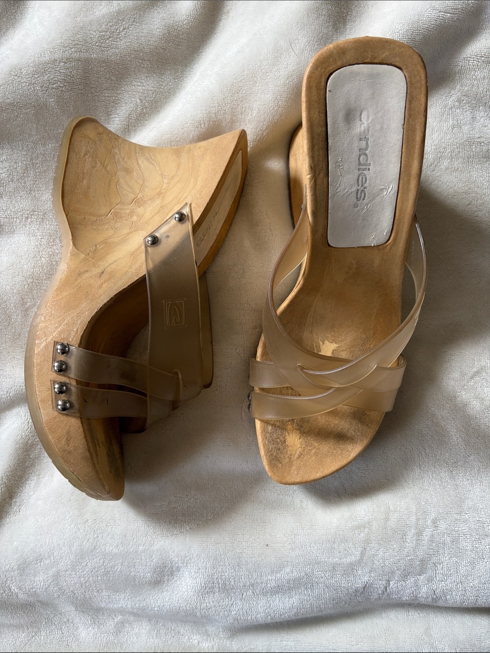 Y2K Candie's Nude Clear Wood Mule Wedge